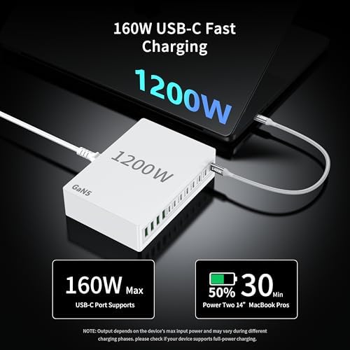 1200W USB C Charger Block.Fast MacBook Pro Charger Charging Station 12 Port 140W PD PPS AVS HUB for All iPhone 17 Pro Max/17 Air/16 SE/Samsung Galaxy 25/ MacBook Pro/Air/iPad Pro/240W Cable - Image 3