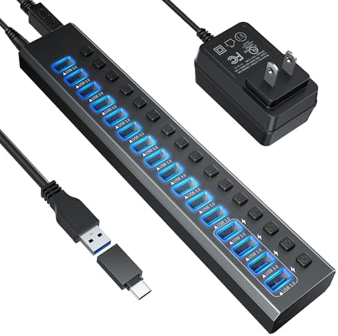 Powered USB Hub 3.0, Leinsis 16-Port USB 3.0 Hub [Durable Aluminum] 12 Data Transfer Ports+ 4 Smart Charging Ports with Individual On/Off Switches, USB Hub 3.0 Powered with Power Adapter for Laptop PC by LEINSIS