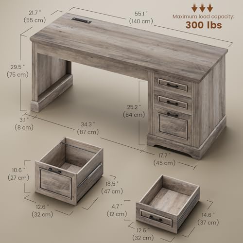Itaar Farmhouse 55" Executive Desk, Computer Desk with Storage Drawers and Power Outlet, Home Office Desk, Workstation for Office Home, Grey - Image 2
