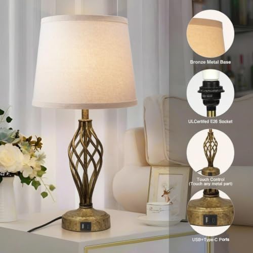 Ruiever Touch Table Lamps Set of 2, nightstand lamp with USB Ports Bedside 3 Way Touch dimmer Desk lamp for Living Room Bedroom,Antique Gold Spiral cage Base Design Warm White dimmer Bulbs Included. - Image 4