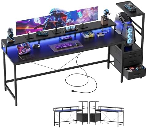 Mericonia 68 inch Gaming Desk with Drawers, Reversible Computer Desk, Black by MERICONIA