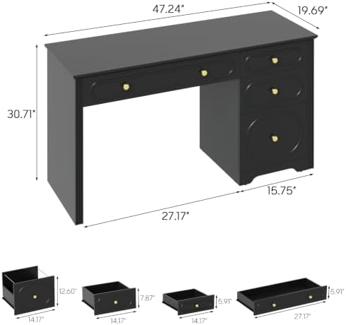 Vabches Executive Desk 47" with 3 Storage Drawers & A File Drawer, Black - Image 2