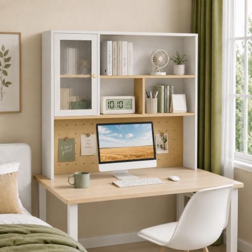 LINLIUA Desktop Bookshelf, Desk Hutch Dorm with Pegboard, Desk Shelves for Top of Desk, Wood Desktop Storage Rack with Cabinet Door, Countertop Bookcase for Office Dorm Home Study by LINLIUA