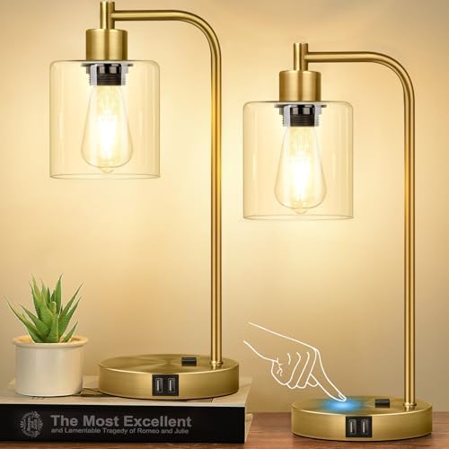 Nintiue Industrial Touch Table Lamps Set of 2-2 USB Ports & AC Outlet Nightstand Lamps, 3-Way Dimmable Bedside Desk Lamp for Living Room Bedroom, Glass Shade & 2 LED Bulbs Included - Brass by Nintiue