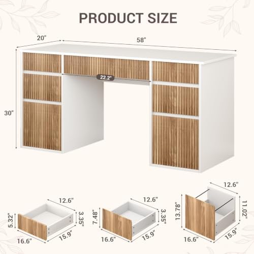 White Desk with Drawers, 58 Inch Executive Desk with File Cabinet - Image 2