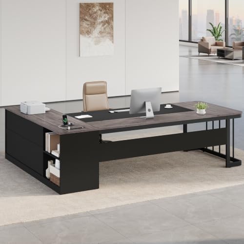 UPOSOJA 78.7" Executive Desk, Large Office Desk with Drawers & Storage Shelves, Modern L Shaped Computer Desk Corner Desk with Power Outlets, File Cabinet, Business Furniture Desk Workstation (Grey) - Image 6
