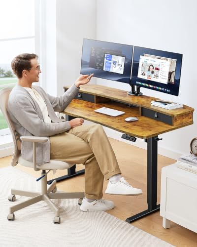 HUANUO 60″ x 30″ Electric Standing Desk with 2 Drawers, C-Clamp Mount Compatible, Height Adjustable Computer Desk, Home Office Stand Up Desk with 4 Preset Heights & 2 Hooks, Vintage Brown - Image 2