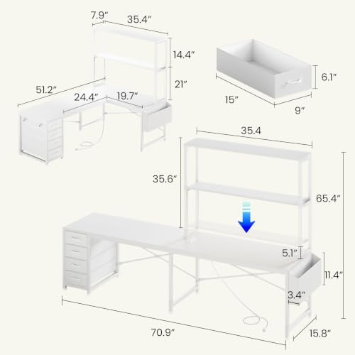 SEDETA L Shaped Gaming Desk, 51.2" Reversible Small Corner Desk with 4 Drawer, Power Outlet & LED Lights, Home Office Desk with Storage Shelves for Small Space, White - Image 2