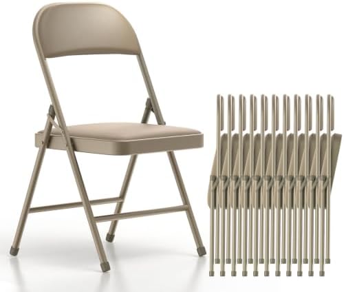 Nazhura Folding Chairs with Padded Vinyl Cushion Chairs with Comfortable Cushion and Durable Steel Frame for Home and Office, for Indoor and Outdoor Events (Kahki, Vinyl, 12 Pack) by NazhuraGoodCompanionAtHome