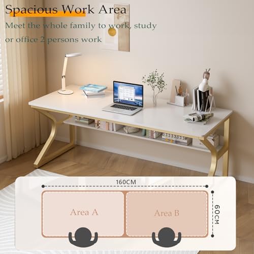OSCHF 63-Inch Extra Long Desk with Storage Shelf, Gold - Image 3