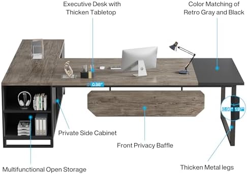 Tribesigns 70.8" Executive Desk with 55" File Cabinet, Industrial L Shaped Computer Desk with Storage Shelves and Cabinet, Large L Shaped Executive Desk for Home Office, Retro Gray & Black - Image 3
