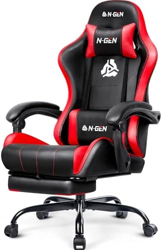 N-GEN GAMING Gaming Chair with Footrest, Lumbar, High-Back, Red Black by N-GENGAMING