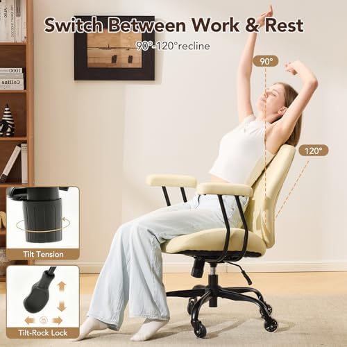 YFO Home Office Desk Chair Office Rubber Casters Ergonomic Computer Chair with Lumbar Support Adjustable Height Rolling Swivel Executive Task Armrests Chair， Cream Leather - Image 3