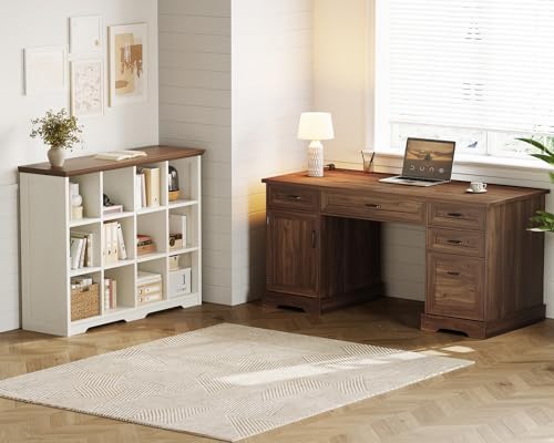 OffiGo Farmhouse 59 Inch Executive Desk with Drawers, Walnut - Image 3