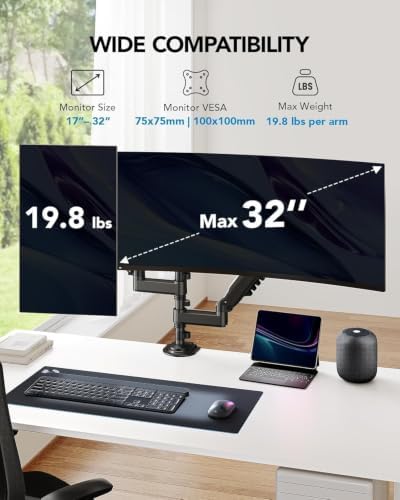 HUANUO 17-32 Inch Dual Monitor Stand, Stacked Monitor Mount, Monitor Arms for 2 Monitors, Ergonomic Adjustable Tilt/Swivel/Rotate, Weight Max 19.8 lbs, VESA 75/100mm - Image 2