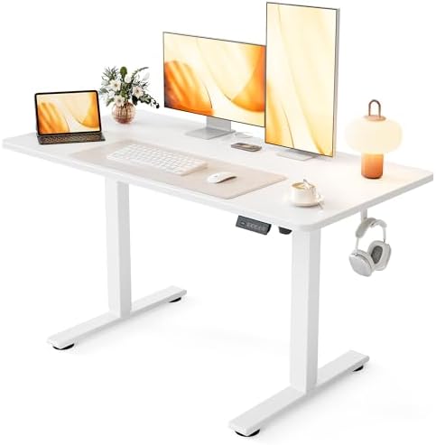 Cubiker Standing Desk, 48x24 Inches Sit Stand Home Office Desk, Electric Stand up Desk, Adjustable Desk with Splice Board, White Frame/White Top by CubikerHomeOfficeFurniture