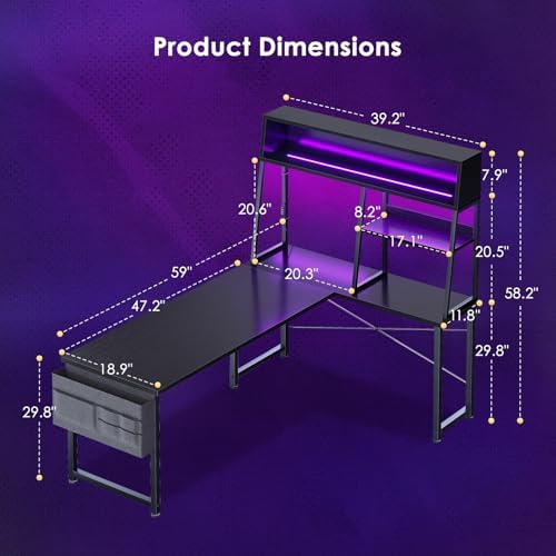 AODK 59 Inch L Shaped Gaming Desk with Display Shelves, LED Lights, Black - Image 3