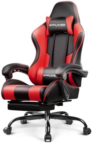GTPLAYER Gaming Chair, Computer Chair with Footrest and Lumbar Support, Height Adjustable Game Chair with 360°-Swivel Seat and Headrest and for Office or Gaming (Faux Leather, Red) by GTPLAYER