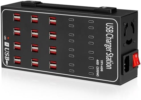 200W USB~c Charging Station, 40 Port (24 USB A & 16 USB~C Port) USB~C Charger Block, Fast Charging Station for Multiple Devices, Desktop USB Charger Compatible for iPhone, iPad, Tablets by Cinlinso