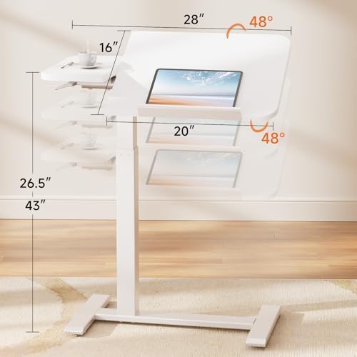 COMHOMA Tiltable Mobile Small Standing Desk, Pneumatic Adjustable Height Overbed Bedside Table with Wheels, Sit Stand Portable Rolling Laptop Desk Computer Workstations, White - Image 2
