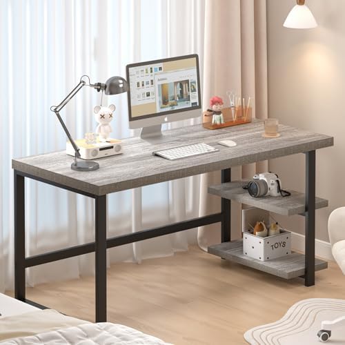 FOLUBAN Computer Desk, Modern Home Office Desk with Shelves, Wood Writing Study Gaming Table for Living Room Bedroom, Light Grey, 53 inch - Image 5