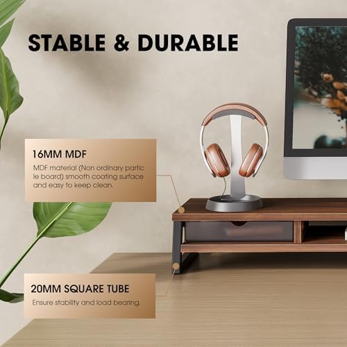 Fenge Dual Monitor Stand Riser, 42.5in Desk Shelf with 2 Drawers, Brown - Image 4