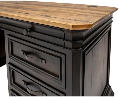 Pemberly Row Executive Desk, 60”W x 28”D x 30”H, Solid Wood Plank Top, Brown Finish, Double Pedestal Design, Dropfront Keyboard Drawer, Locking File Drawers, Antique Bronze Hardware, Home Office Desk - Image 7