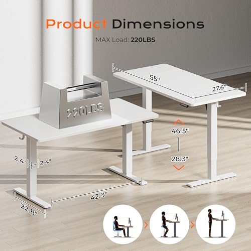 Huuger 55 x 28 Large Electric Standing Desk, Height Adjustable Copmuter Desk, 27.6" Deep Desktop, Stand up Gaming Office Table with 2 Hooks, 3 Preset Heights, for Home Office, White - Image 2