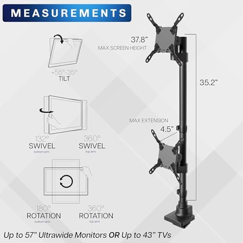 VIVO Dual Vertically Stacked Ultra-Wide Monitor Desk Mount for up to 57 inch Screens, Heavy Duty Adjustable Stand for 2 Ultrawides, 59.4 lbs Capacity, Black, STAND-V257R - Image 3
