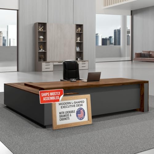 OfficeSimpli L Executive Desk with Drawers, Made in USA, 74x63x30, Walnut by OfficeSimpliUS