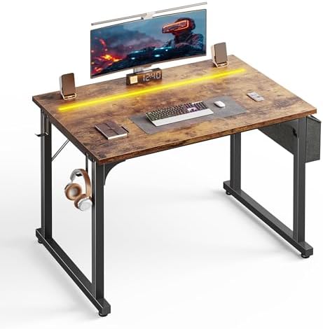 DurayLoly 32" Gaming Desk with Waterproof LED Lights for Bedroom,Brown by Durayloly