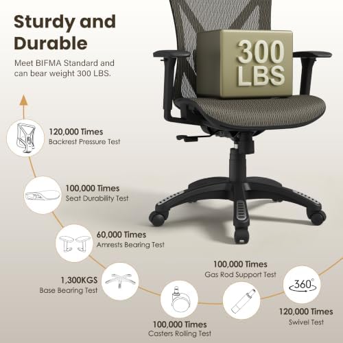 Ergonomic Office Chair, Mesh Computer Desk Chairs with BIFMA X5.1 Certified, Adjustable Lumbar Support, 3D Arm, Tilt Back, Wide Seat, Comfy Swivel Work Task Chair for Company and Home (Coffee Brown) - Image 6