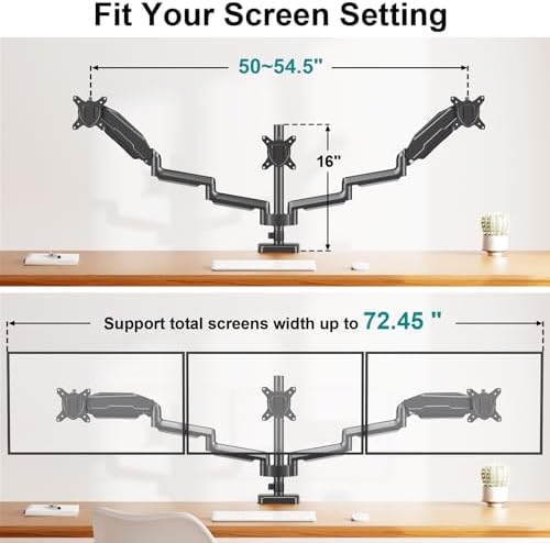 MOUNT PRO Triple Monitor Mount for 13-27 inch Screens, 3 Monitor Desk Mount, Height Adjustable Triple Display Stand, Full Motion Three Computer Arm Hold up to 17.6lbs Each, VESA 75x75, 100x100 - Image 4