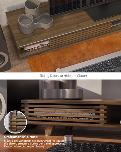 42" Dual Monitor Stand with Sliding Doors Desk Shelf Dark Bamboo - Image 3