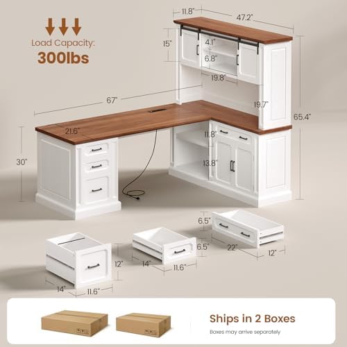 SEDETA 67" Farmhouse Executive L Shaped Desk with Hutch & Storage - Image 2