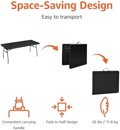 Amazon Basics Heavy Duty Portable Folding Table, 6 ft, Indoor & Outdoor, Fold-in-Half Design with Carrying Handle, for Events, Easy Folding and Storage, Black - Image 3