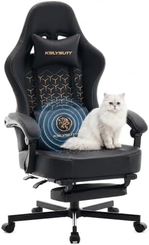 Desk Computer Gaming Chair - Ergonomic Game Office Chair with Extended Footrest and Massage Lumbar Support, Home Gamer Video Game Chairs with Spring Cushion for Adults (Pro Black Leather) by KslysutyFurniture