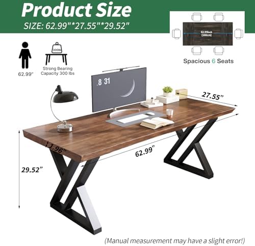 Solid Wood Desk 63 Inches, Live Edge Wooden Home Office Computer Desk Metal Frame Modern Simple Design Executive Real Wood Desk for Writing Study Dining Gaming - Image 2