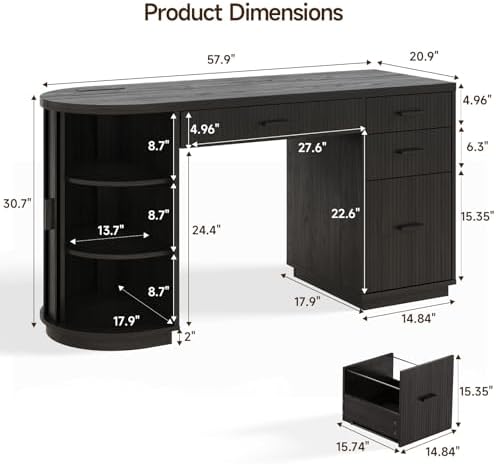ONBRILL 58 Inch Fluted Executive Desk with File Drawer, Black - Image 2