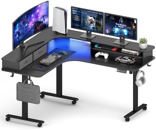 2-Tier L Shaped Electric Standing Desk with Drawers, 63 x 55 Height Adjustable Desk with Memory Controller, Storage, Ergonomic Corner Desk Sit Stand up Computer Table for Home Office, Black by Unknown