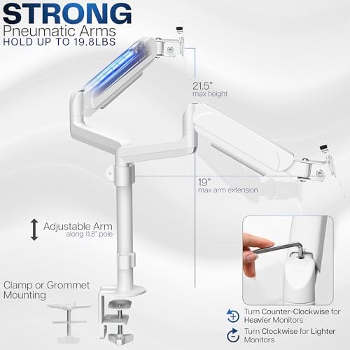 VIVO 17 to 32 inch Dual Pneumatic Monitor Mount, 2 Pneumatic Arms, Adjustable Swivel, Rotation, Heavy Duty VESA Desk Stand with C-clamp, Grommet, Max VESA 100x100, White, STAND-V002KW - Image 3