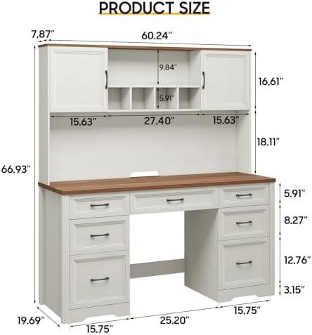 Vabches Farmhouse Executive Desk with 7 Drawers and Storage Cabinet, Rustic Large Home Writing Desk with Hutch, Workstation for Bedroom, White - Image 2