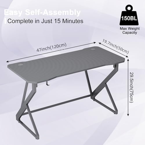 Grandder Gaming Desk Z Shaped 47 Inch Gamer Workstation, Home Computer Carbon Fiber Surface Gaming Desk PC Table with Headphone Hook, Carbon Fiber Grey - Image 3