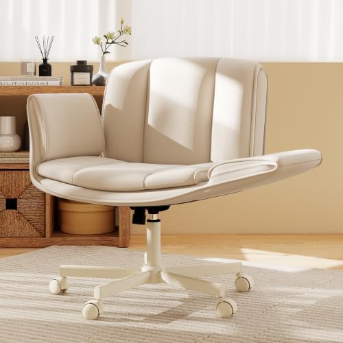 HeroSet Criss Cross Chair with Wheels & Armrests,Comfy Wide Vanity Chair,Scratch-Resistant Pu Leather Cross Legged Desk Chair,Height Adjustable Computer Office Desk Chairs for Home,Makeup,Bedroom by HeroSet