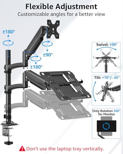 MOUNTUP Laptop and Monitor Desk Mount, Laptop Tray for Max 17" Notebook, Monitors Arm Fits up to 32" Monitor, Laptops Arm Holds 4.4-22lbs, 2-in-1 Tall Laptops Mount with Clamp/Grommet - Image 4