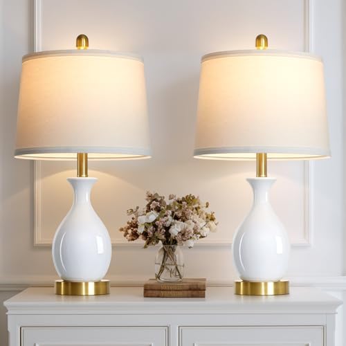 24" White Ceramic Table Lamps Set of 2 for Bedroom, Modern Classic Bedside Lamps for Nightstand, Small Table Lamp for Living Room Side Table (2 LED Bulbs Included) by Luxeflow