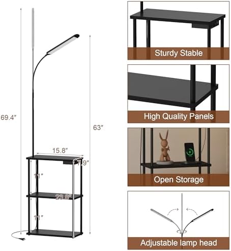 Qupui LED Floor Lamp with Table, 15W Dimmable, USB Charging, Black - Image 3