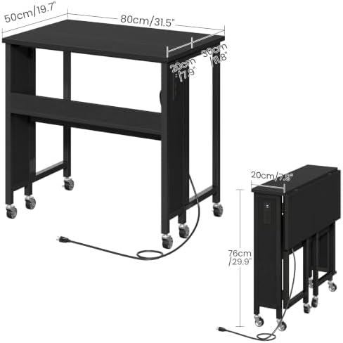 CHOEZON Folding Desk with Power Outlets, 31.5" Rolling Computer Table with Wheels, Portable Office Desk with Storage Shelf for Small Spaces Black TDN01UBB - Image 2