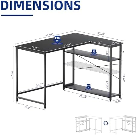 Pamray 43 Inch L Shaped Computer Desk with Reversible Side Storage Shelves, Small Corner Desk for Small Space Home Office,Writing Study Table Gaming PC Desk for Bedroom,Black - Image 3