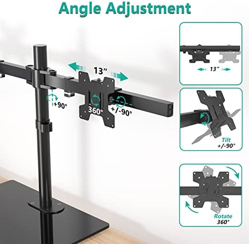WALI Free Standing Dual Monitor Stand, Height Adjustable Monitor Mount with Glass Base, Fits LCD LED Flat Curved Screen up to 27 inch, 22lbs, with Grommet Base (GMF002) - Image 3